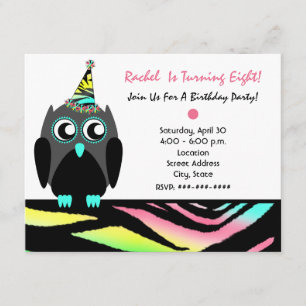 Owl Birthday Party Invitation Neon Zebra Imprimer