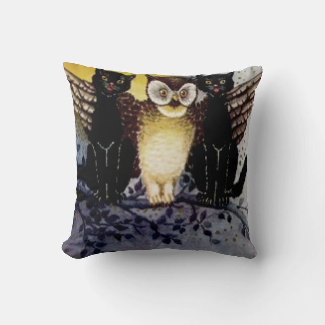 Owl Black Cat Full Moon Tree Night Kissen (Vorderseite)