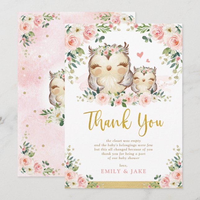 Owl Blush Pink Roses Kinderdusche Danke Karte (Vorne/Hinten)