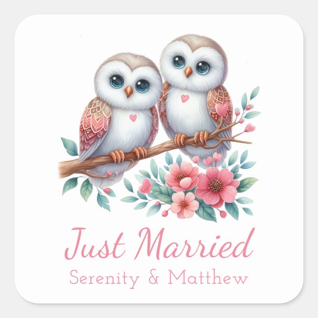Owl Boho Rustic Country Woodland Just Married Quadratischer Aufkleber (Vorderseite)