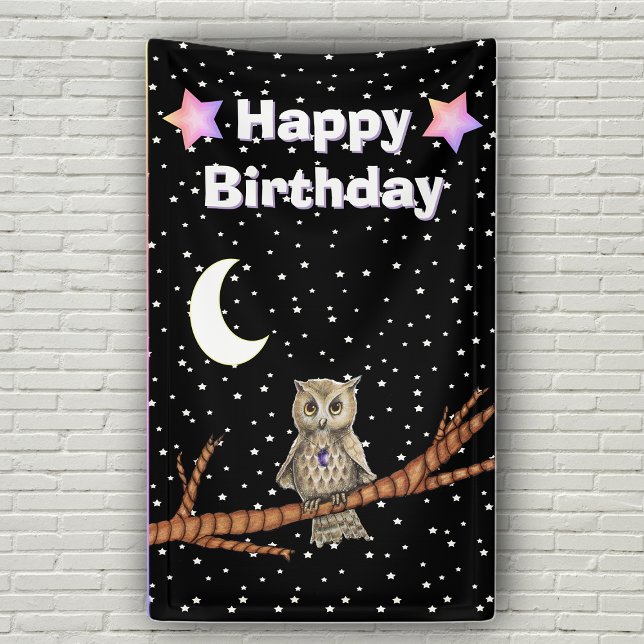 Owl Branch Lila Kristallmond Sterne Geburtstag Banner (Owl on branch moon stars crystal necklace on Happy Birthday black party backdrop.)