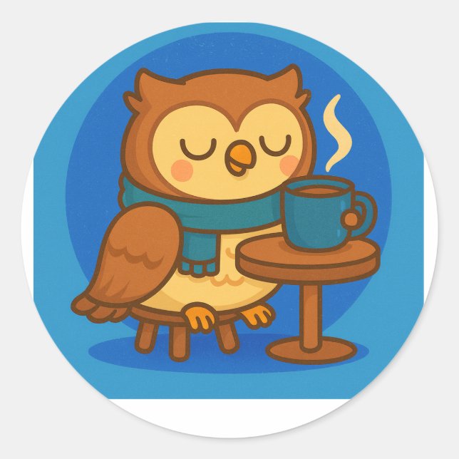 Owl Coffee Break (Blue Background) Sticker (Vorderseite)