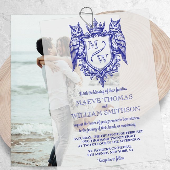 Owl Crest Royal Monogram Wedding Vellum Overlay (Von Creator hochgeladen)