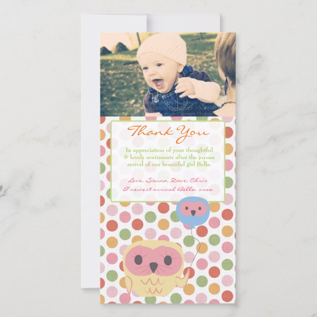 Owl Dankeschön Notiz Baby Girl Foto Template Dankeskarte (Vorderseite)