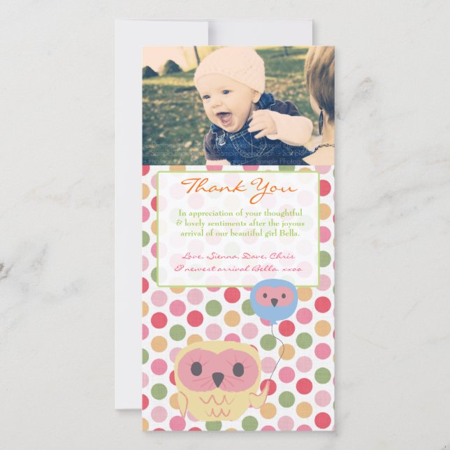 Owl Dankeschön Notiz Baby Girl Foto Template Dankeskarte (Vorderseite)
