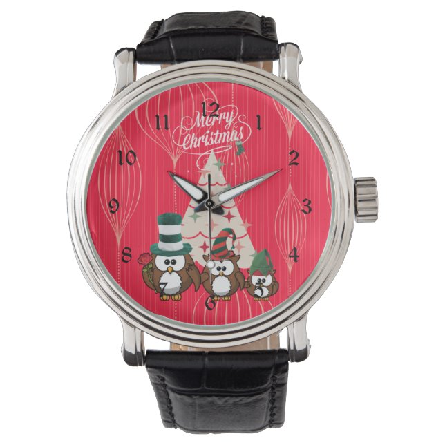 Owl Family Frohe Weihnachten Armbanduhr (Vorderseite)