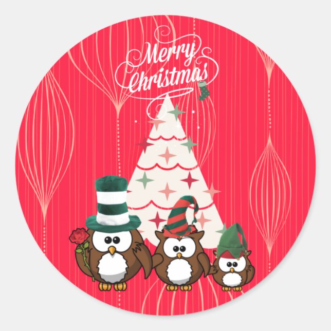 Owl Family Frohe Weihnachten Runder Aufkleber (Vorderseite)
