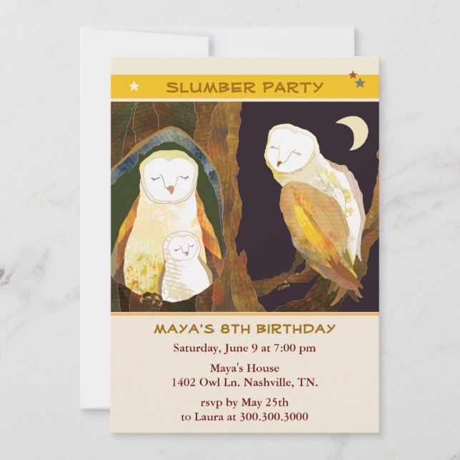 Owl Family Kids Slummel Party Einladung (Vorderseite)