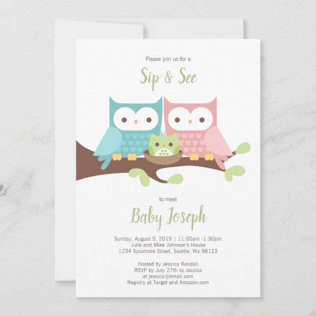 Owl Family Sip und sehen Einladung (Vorderseite)