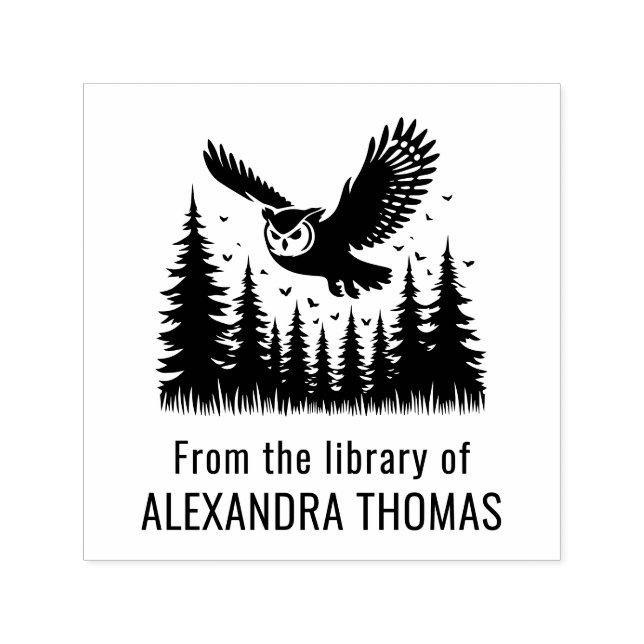 Owl Flying Angled View Fir Trees Library Name Permastempel (Design)