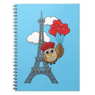 Owl Flying with Heart Balloons in Paris Notizblock
