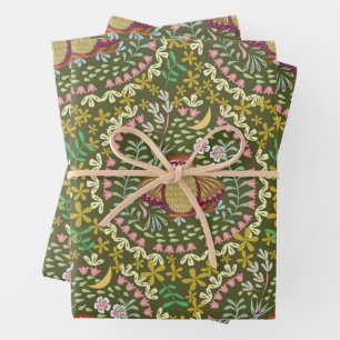 Owl Folk Green Geschenkpapier Set