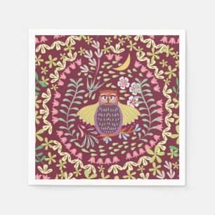 Owl Folk Wine Red Serviette