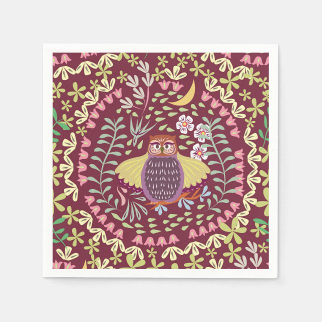 Owl Folk Wine Red Serviette (Vorderseite)