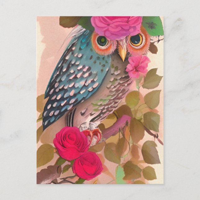 Owl hat ihre Blume Art Card Postkarte (Vorderseite)