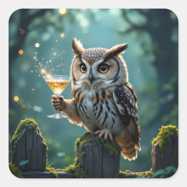 Owl Holding a Cocktail In a Mystical Forest Quadratischer Aufkleber (Vorderseite)