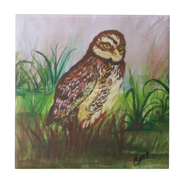 Owl in nature watercolor art fliese (Vorderseite)