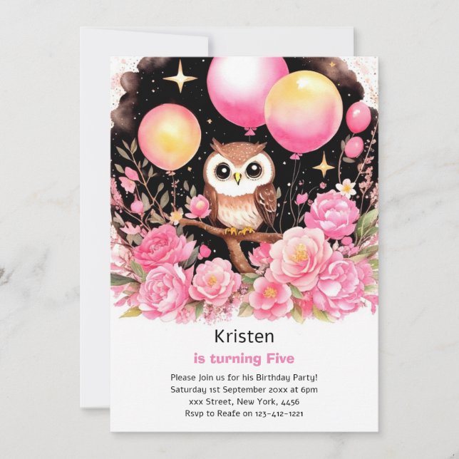 Owl Kids Girl zum Geburtstag Einladung (Vorderseite)