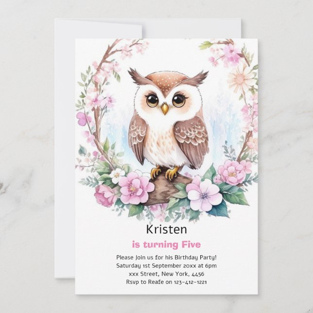 Owl Kids Girl zum Geburtstag Einladung (Vorderseite)