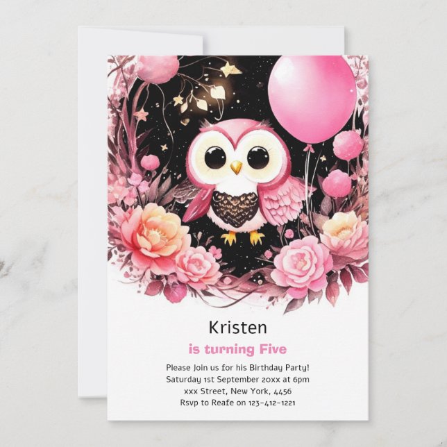 Owl Kids Girl zum Geburtstag Einladung (Vorderseite)