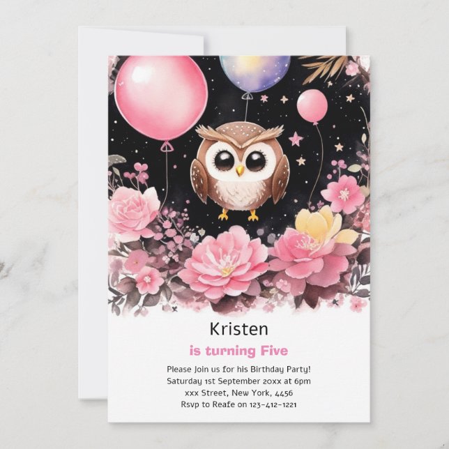 Owl Kids Girl zum Geburtstag Einladung (Vorderseite)