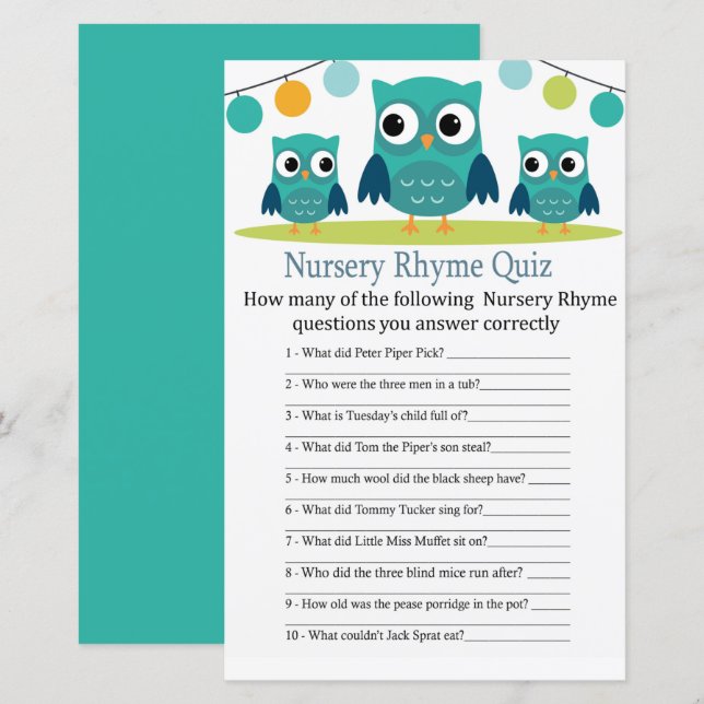 Owl Kinderzimmer Rhyme Quiz Kinderduschenspiel (Vorne/Hinten)