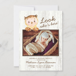 Owl Look Qui est ici Filles Photo Faire-part de na