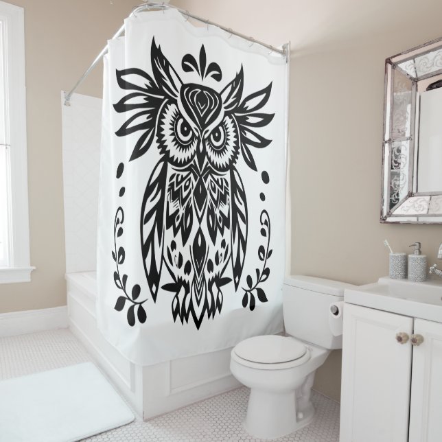 Owl Lovers Rustic Woodlands Black White Bohemian Duschvorhang (Beispiel)