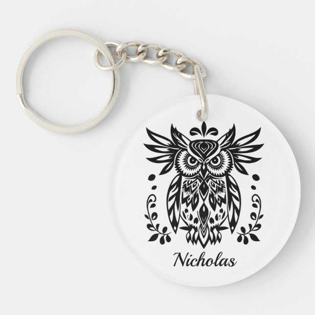 Owl Lovers Rustic Woodlands Black White Bohemian  Schlüsselanhänger (Vorderseite)
