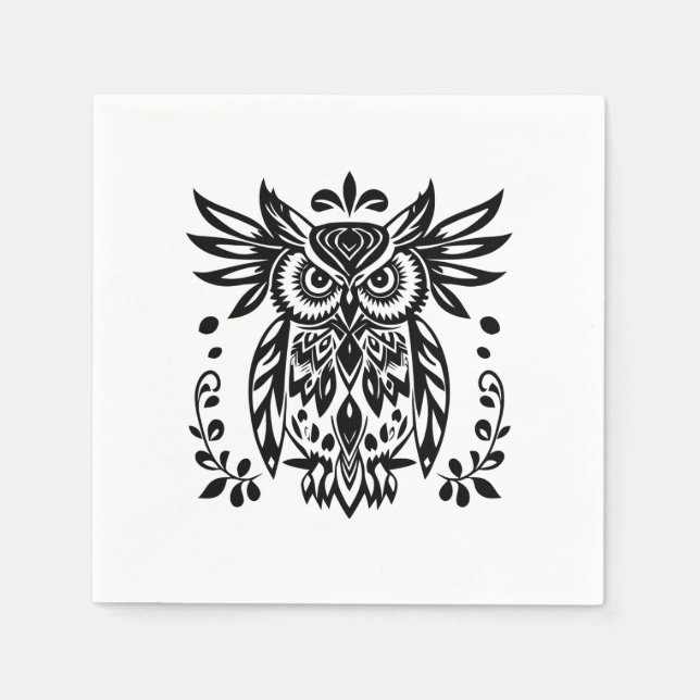 Owl Lovers Rustic Woodlands Black White Bohemian  Serviette (Vorderseite)