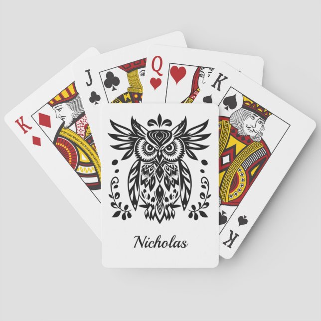 Owl Lovers Rustic Woodlands Black White Bohemian Spielkarten (Rückseite)