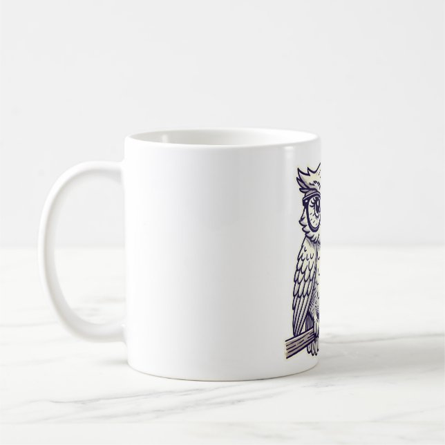 Owl mit Tiny Reading Brillen auf einer Zweignieder Kaffeetasse (Links)
