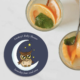 Owl Moon Blue Niedlich Stars Babydusche Runder Pappuntersetzer