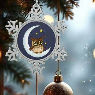 Owl Moon Blue Niedlich Stars Schneeflocken Zinn-Ornament