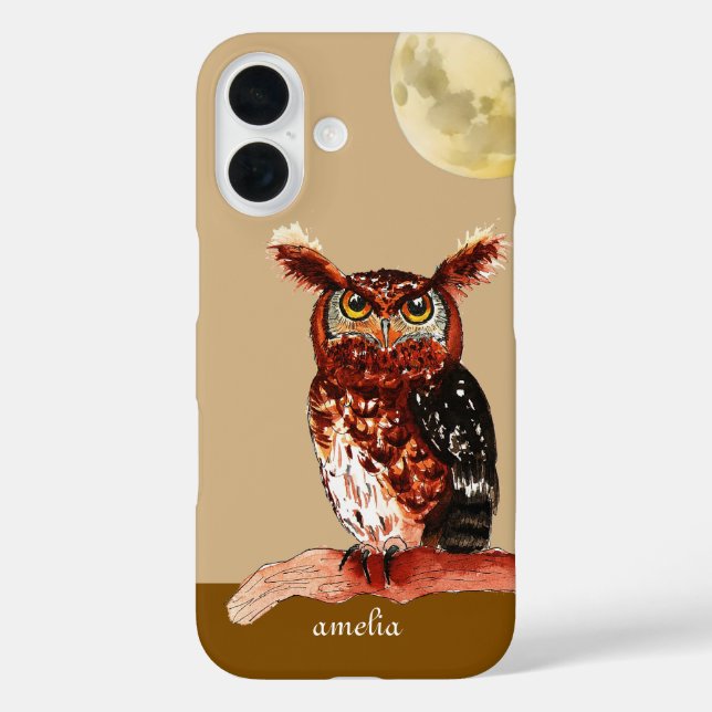 Owl Moon Wasserfarbe iPhone 16 Hülle (Rückseite)
