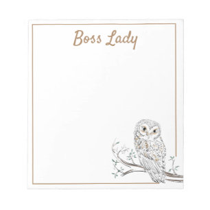 Owl on Branch White Boss Lady oder Ihr Text Notizblock