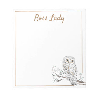 Owl on Branch White Boss Lady oder Ihr Text Notizblock