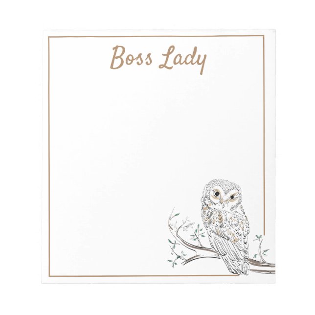 Owl on Branch White Boss Lady oder Ihr Text Notizblock (Vorderseite)
