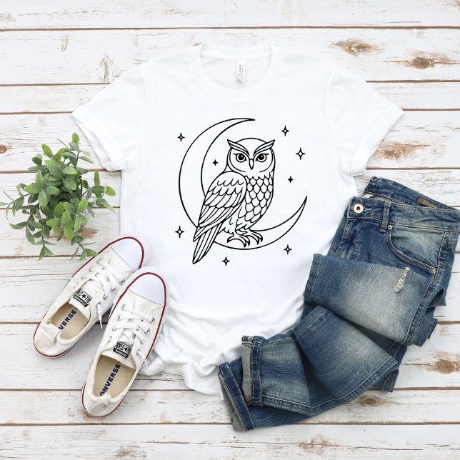  Owl on Crescent Moon with Stars Line Art T-Shirt (Von Creator hochgeladen)