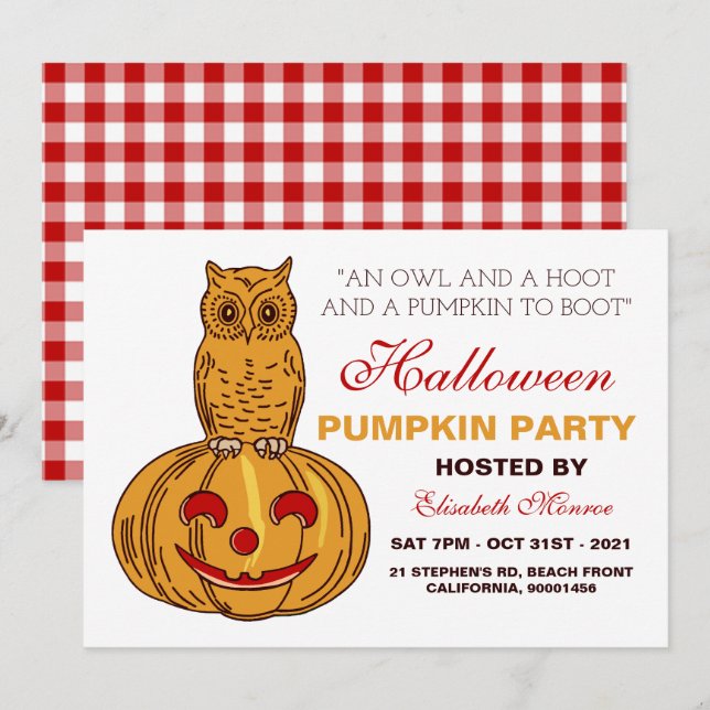 Owl on Pumpkin Halloween Pumpkin Party Gingham Einladung (Vorne/Hinten)