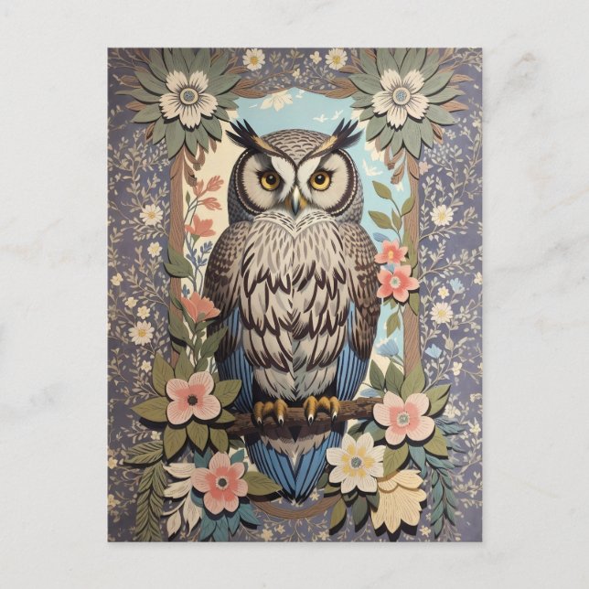 Owl Pastel Floral William Morris Inspiriert Postkarte (Vorderseite)