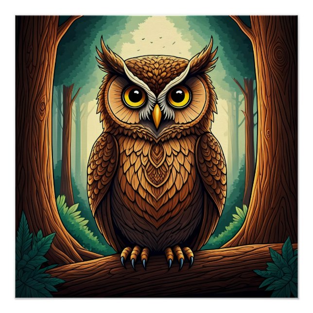 Owl perched on a tree log in a forest poster (Vorderseite)