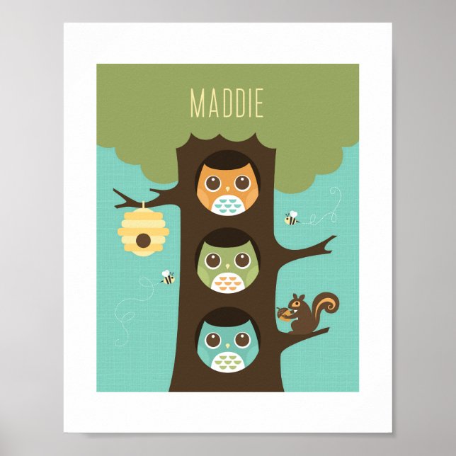 Owl Personalisiert Kinderzimmer Poster drucken (Vorne)