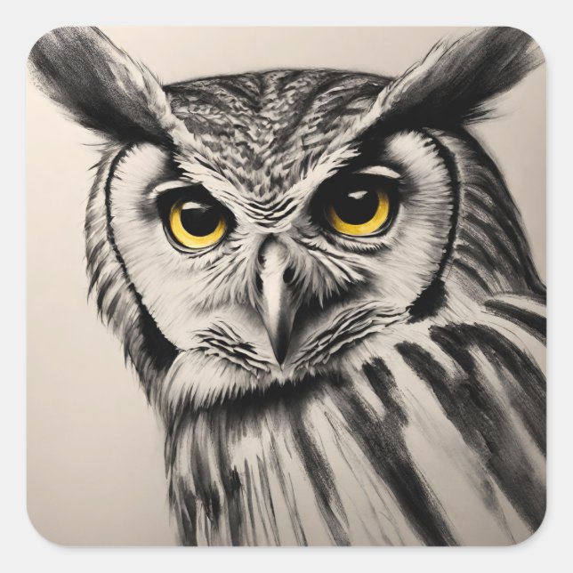 Owl-Portrait- Holzkohleskizze Quadratischer Aufkleber (Vorderseite)