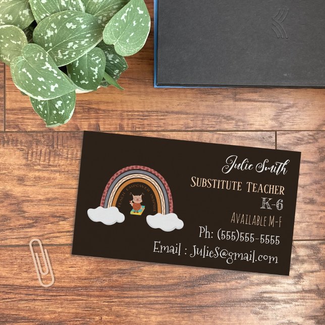 Owl Rainbow Sub Teacher Standard Business Card Visitenkarte (Von Creator hochgeladen)