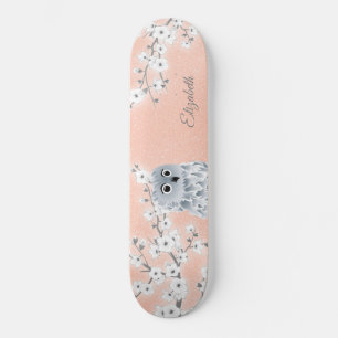 Owl Rose Gold Glitzer Kirsche Blüten Monogramm Skateboard