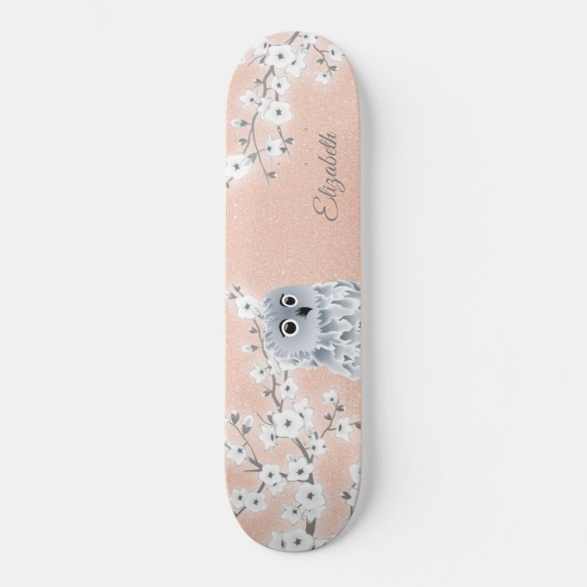 Owl Rose Gold Glitzer Kirsche Blüten Monogramm Skateboard (Vorderseite)