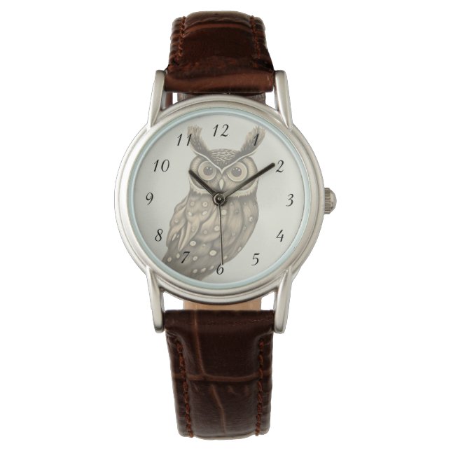 Owl Sepia Beige Zahlen Armbanduhr (Vorderseite)