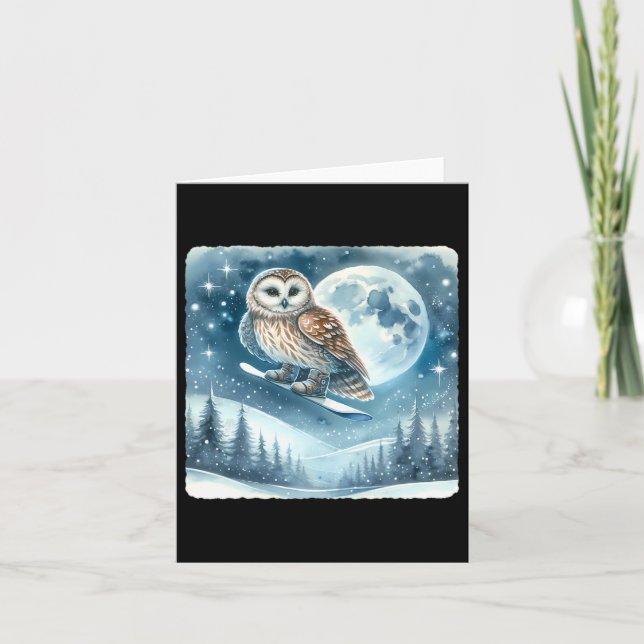 Owl Snowboarden über Moonlit Snowy Landschaft. Sno Karte (Vorderseite)