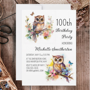 Owl Spring Blumen Schmetterlinge 100. Geburtstag Einladung